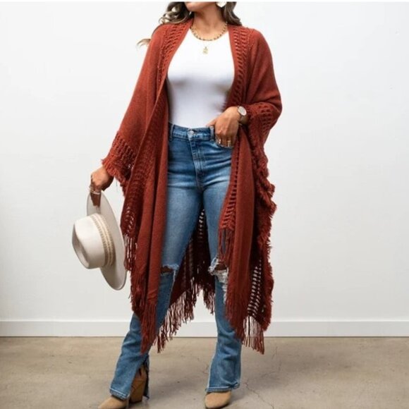New Bohemian Knit Brown Fringe Poncho Ruana Cardigan Sweater Hippie Top - Picture 5 of 5